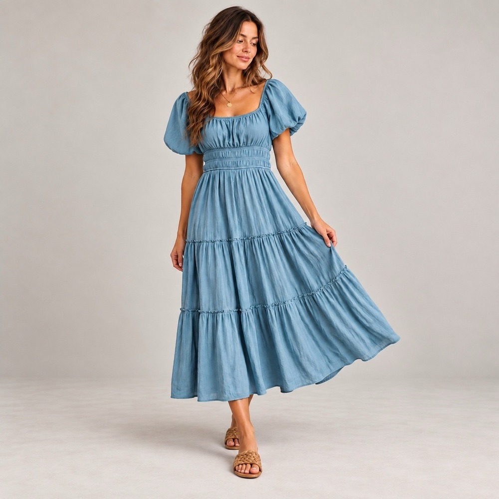 Trixxi Maxi Dress S Teal Smocked Puff Sleeve Tiered Boho Cottagecore Fairycore - Picture 9 of 15